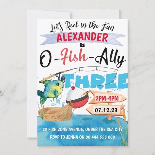 Invitación O-Fish-Ally Tres pescadores 3er cumpleaños (Anverso)