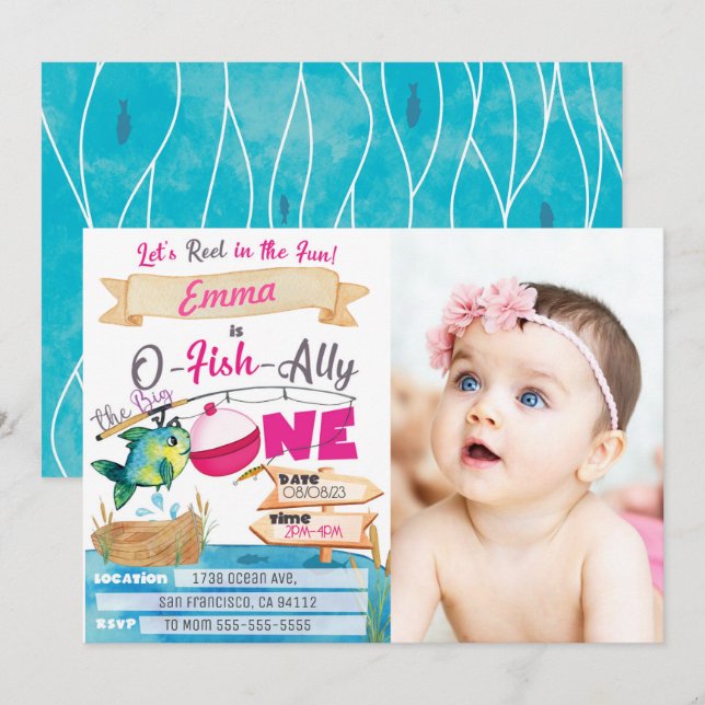 Invitación O-Fish-Ally Un Chica Primer cumpleaños foto de pes (Anverso / Reverso)