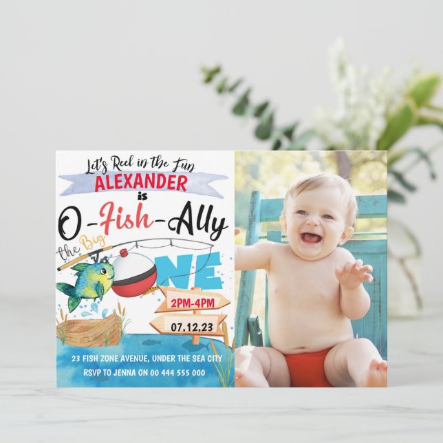 Invitación O-Fish-Ally Una foto Pescador de cumpleaños 1 (Anverso de pie)