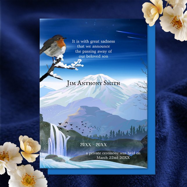 Invitación o invitación a conmemorar la muerte inf (Memorial or child death announcement card with a robin overlooking the mountains and waterfall)