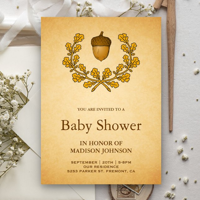 Invitación Oak Acorn de otoño deja Baby Shower Wreath (Subido por el creador)