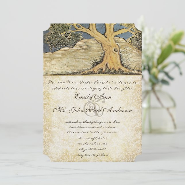Invitación Oak Tree Distresor Damask Elegancia Metálica (Anverso de pie)