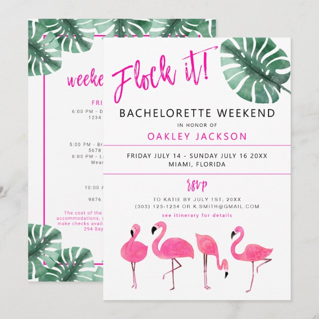 Invitación ¡OAKLEY Flock! Flamingo Bachelorette Tropical In (Anverso / Reverso)