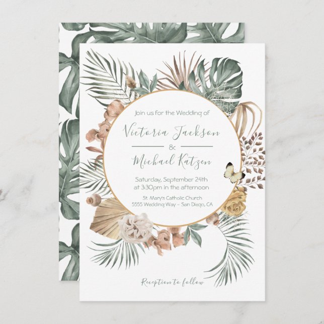 Invitación Oasis tropical Boda de la Palm Wreath moderna (Anverso / Reverso)