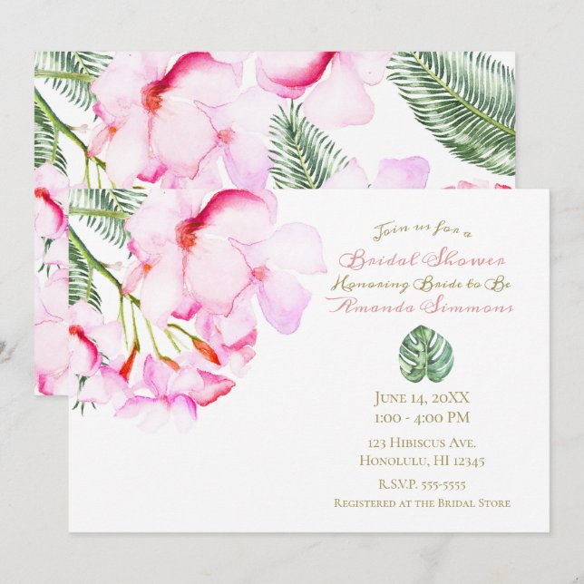 Invitación Oasis tropical Ducha de Novias Verde Rosa Hawái (Anverso / Reverso)