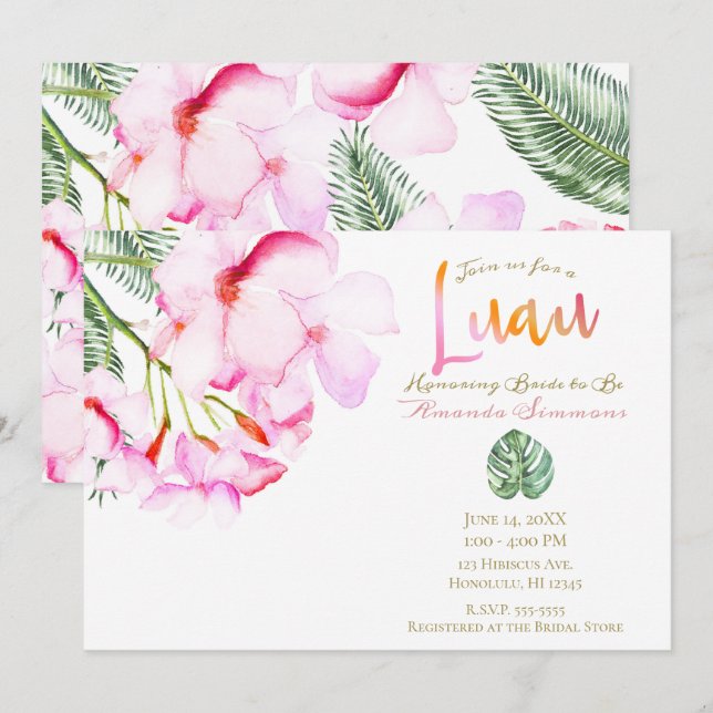 Invitación Oasis tropical Ducha de Novias Verde Rosa Hawái (Anverso / Reverso)