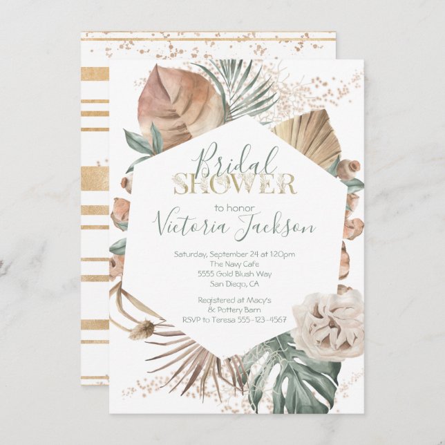 Invitación Oasis Tropical Palm Leaf Gold Bridal Ducha (Anverso / Reverso)