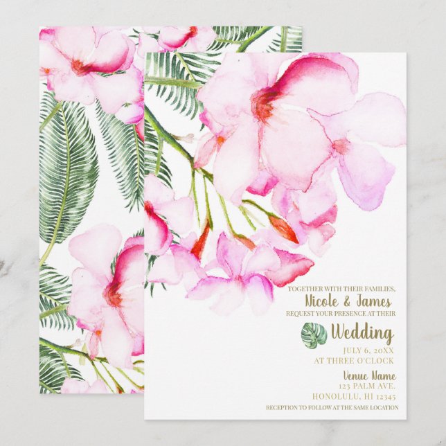 Invitación Oasis Tropical Rosa Verde Floral Hawaiano Boda (Anverso / Reverso)
