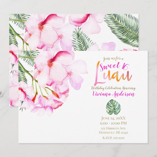 Invitación Oasis Tropical Rosa Verde Floral Hawaiano Dulce 16 (Anverso / Reverso)