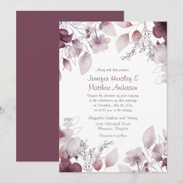 Invitación Oberenjena, Púrpura Dusto, Floral Rosa Mauve (Anverso / Reverso)