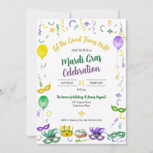 Invitación Objetos de Mardi Gras en Acuarela Fiesta
