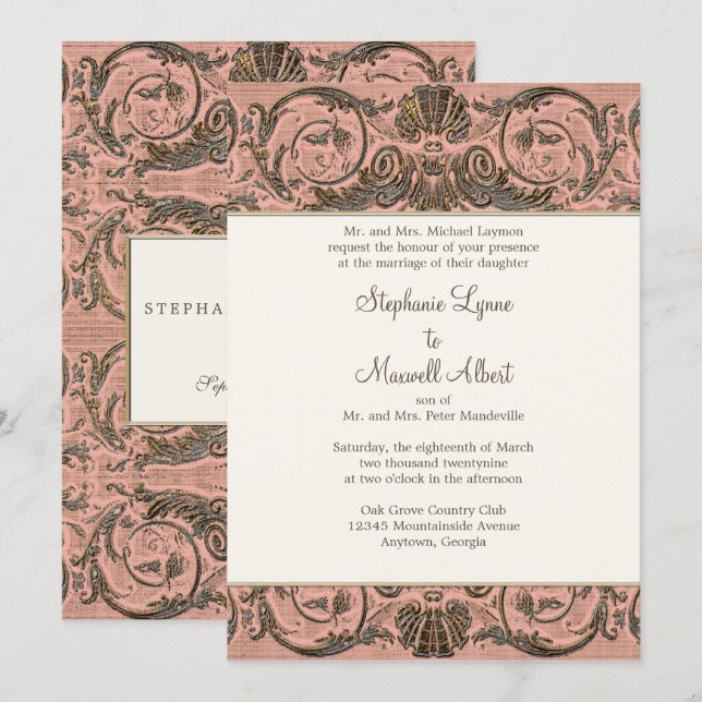 Invitación Obra de pergamino barroca de Rubor Gold en el Shel (Anverso / Reverso)