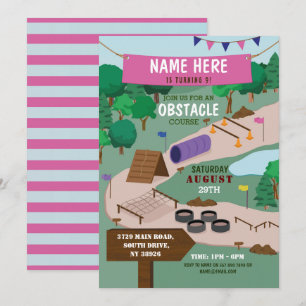 Invitación Obstacle Course Birday Party Adventure Park Pink