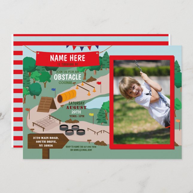 Invitación Obstacle Course Birthday Boys Photo Adventure Park (Anverso / Reverso)