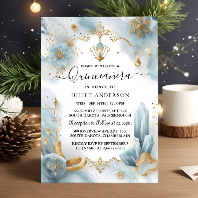 Invitación Obtén Luz Azul Azul Quinceanera De Oro Con Hielo D (Subido por el creador)
