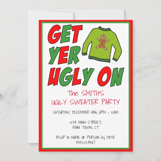 Invitación Obtén Tus Fea Navidades Suéteres. (Anverso)