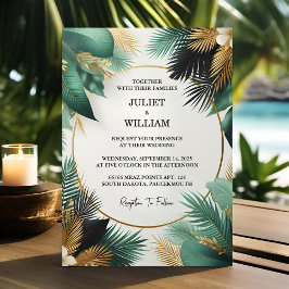 Invitación Obtén Wreath Palm Tree Beach Green And Gold Boda