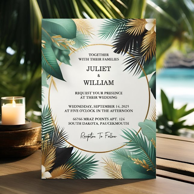 Invitación Obtén Wreath Palm Tree Beach Green And Gold Boda (Subido por el creador)