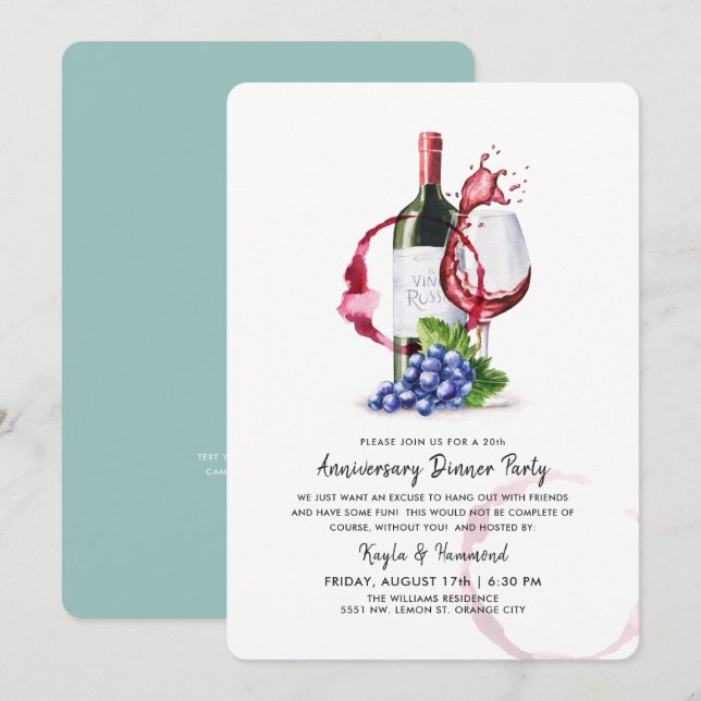 Invitación Ocasión de aniversario de vino y cena  (Anverso / Reverso)