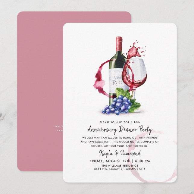 Invitación Ocasión de aniversario de vino y cena estilo rojo (Anverso / Reverso)