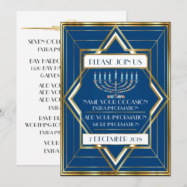 Invitación Ocasión judía de Hanukkah (Anverso / Reverso)