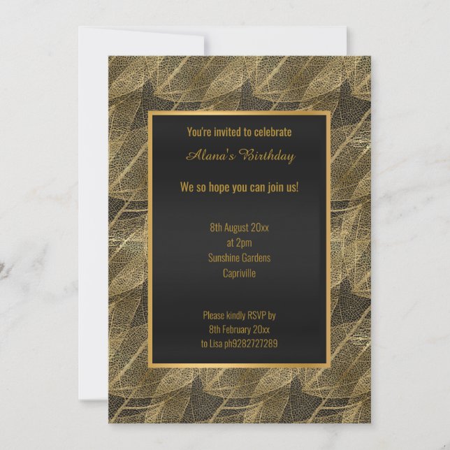 INVITACIÓN OCASIÓN MODERNA ELEGANTE DE GOLD LEAF NEGRO (Anverso)