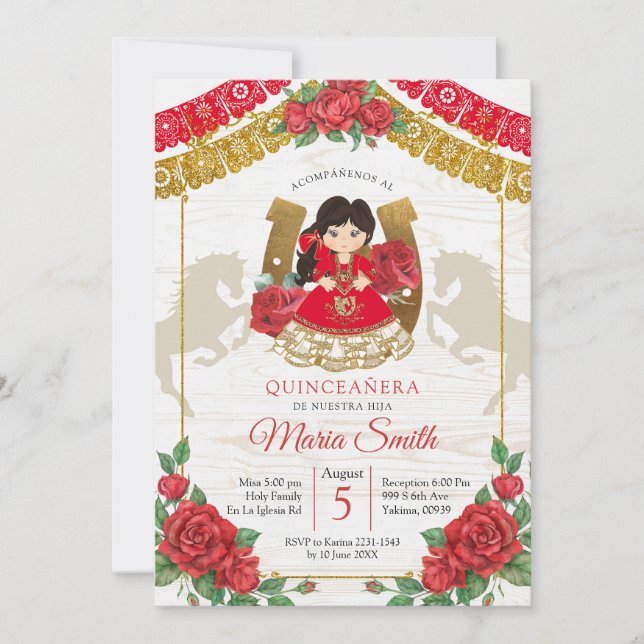Invitación occidental charra mexicana roja Quincea (Anverso)