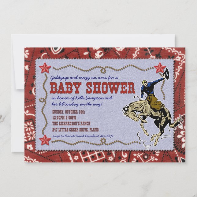 Invitación occidental de Baby Shower del vaquero (Anverso)