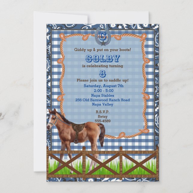Invitación Occidental de Caballo Azul y Marrón (Anverso)