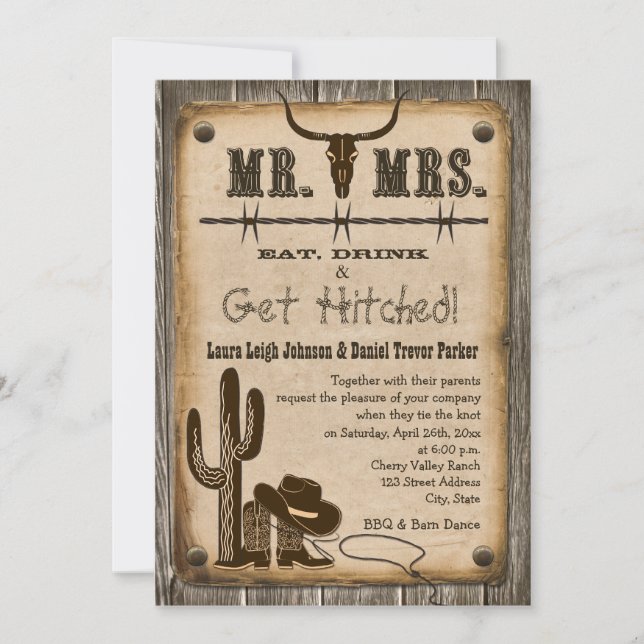 Invitación occidental de madera rústica de la boda (Anverso)