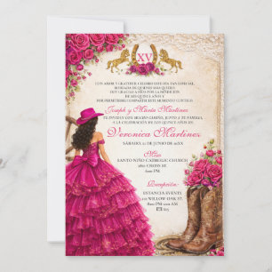 Invitación Occidental Floral Rosa Niña Princesa Dulces 15 Año