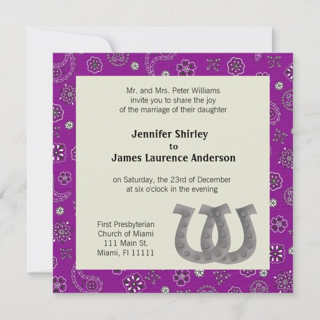 Invitación occidental púrpura de la boda (Anverso)