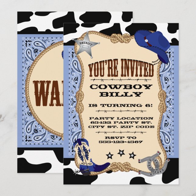 Invitación Occidente, cumpleaños de Cowboy (Anverso / Reverso)