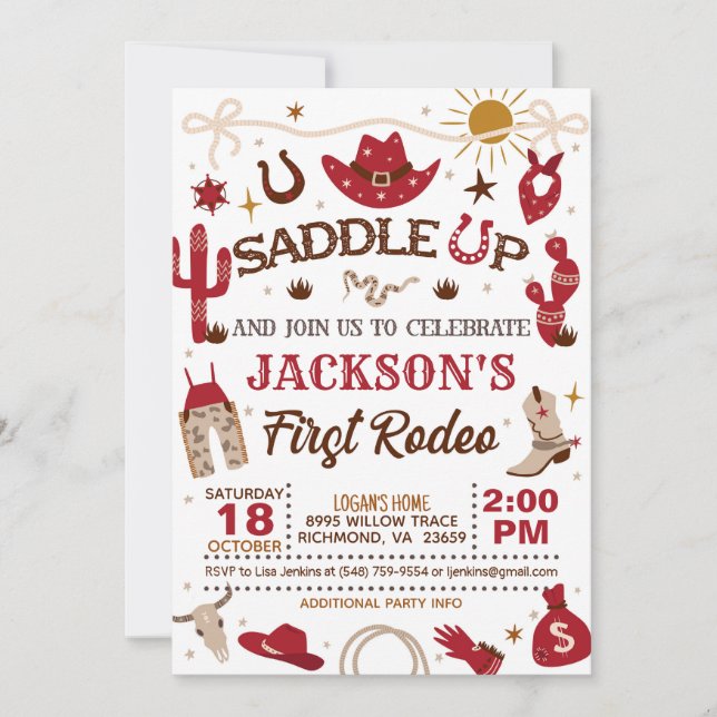 Invitación Occidente Mi primer cumpleaños de rodeo (rojo) (Anverso)