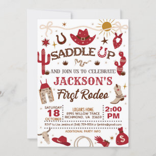 Invitación Occidente Mi primer cumpleaños de rodeo (rojo)