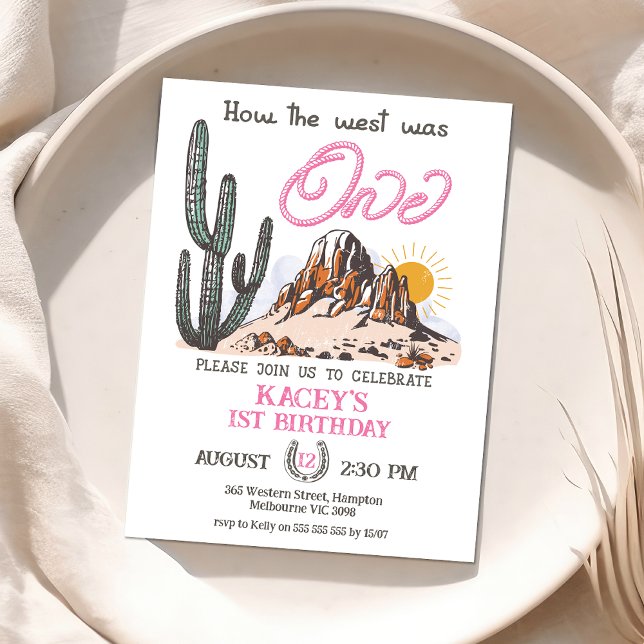Invitación Occidente Rosado Cómo Occidente Era Un Primer Cump (How The West Was One 1st Birthday Invitation, Baby Girl Wild West 1st Birthday Invite First Rodeo)