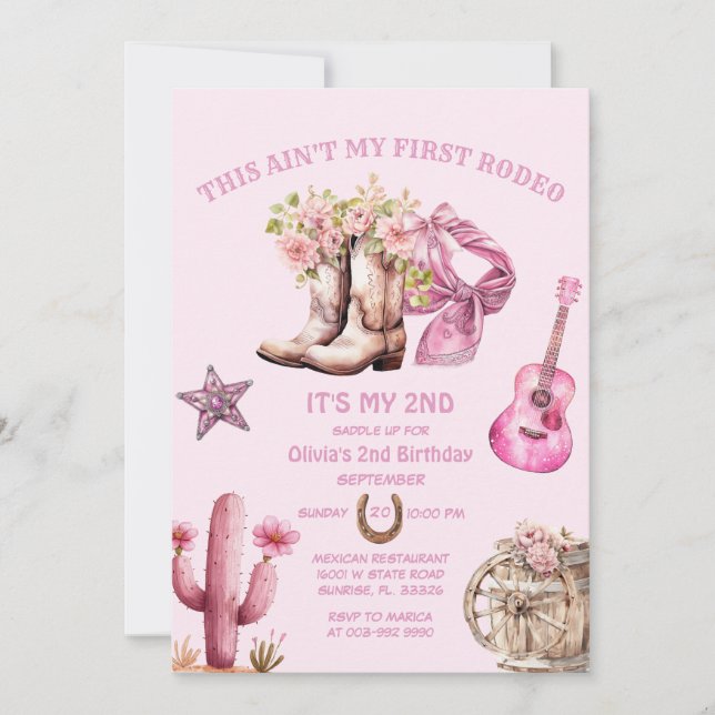 Invitación Occidente Segundo Rodeo Muestra A Vaquera Rosa Cum (Anverso)