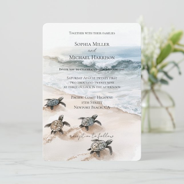 Invitación Ocean Beach Coast Sea Turtles Wedding (Anverso de pie)