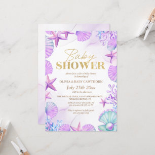 Invitación Ocean Beach Coral Blue Gold Girl Shower