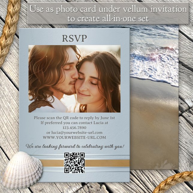 Invitación Ocean Beach Elegant Boda todo en uno (Modern photo all-in-one invitation featuring a beach with waves flowing on the sand - add to vellum)