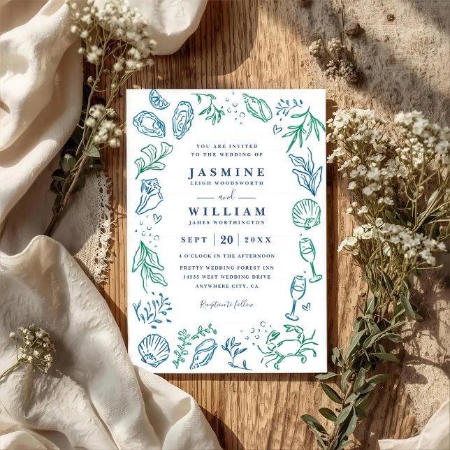 Invitación Ocean Beach Nautical Shell Elegant QR Code Wedding (Subido por el creador)