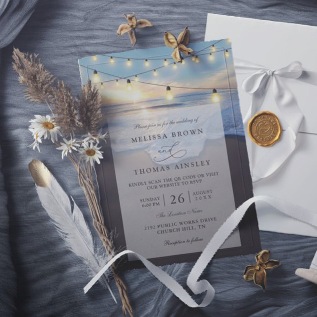 Invitación Ocean Beach Seaside String Lights QR Code Wedding (Subido por el creador)