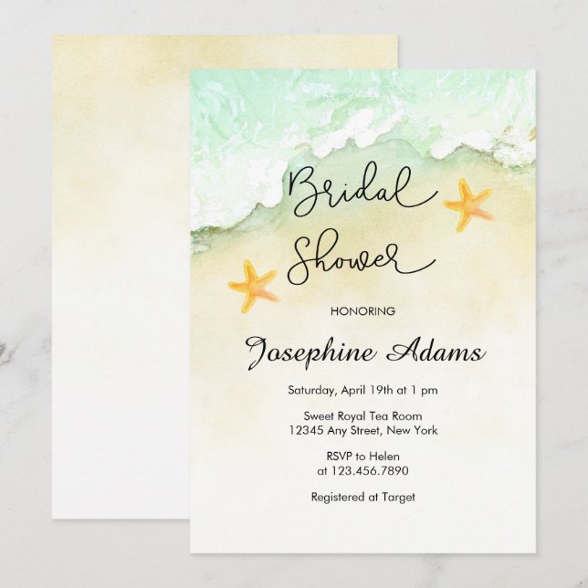 Invitación Ocean Beach Tropical Watercolor Bridal Shower (Anverso / Reverso)
