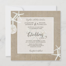 Invitación Ocean Beach Wedding Starfish Wood Damask Rustic