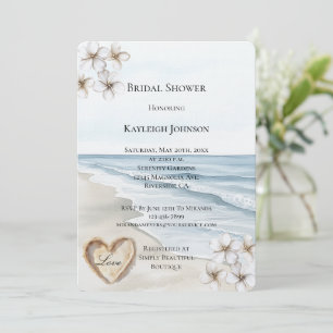 Invitación Ocean Beach White Floral Sand Heart Bridal Shower