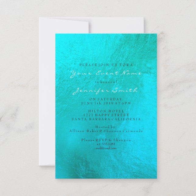 Invitación Ocean Blue Aqua Pearl White Metallbeach (Anverso)