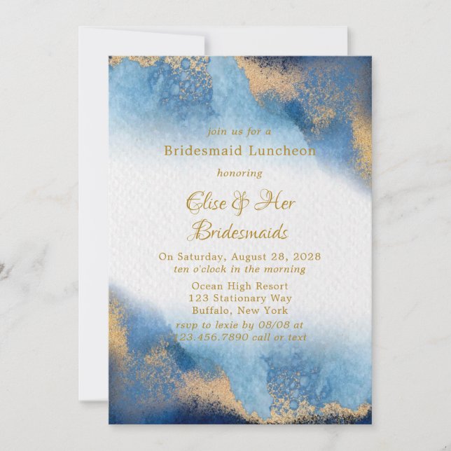 Invitación Ocean Blue Golden Watercolor Bridesmaids Luncheon (Anverso)