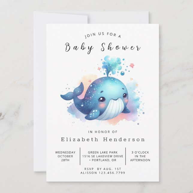Invitación Ocean Personalizado Whale Baby Shower (Anverso)