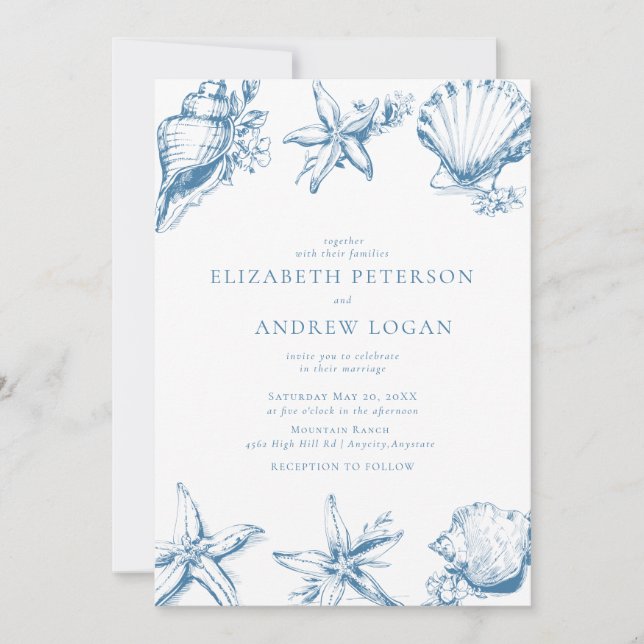 Invitación Ocean Seashell | Boda Azul (Anverso)