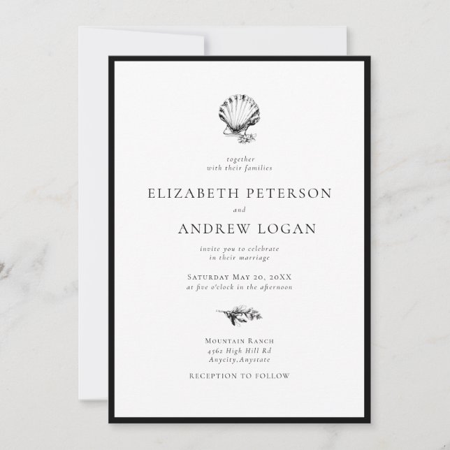 Invitación Ocean Seashell Modern Minimal Black White Wedding (Anverso)